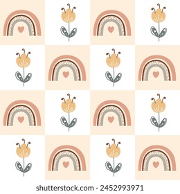 Seamless pattern with cartoon doodle rainbows and flowers on checkerboard background. Colorful nursery baby design for fabric, print, wallpapers. Vector illustration