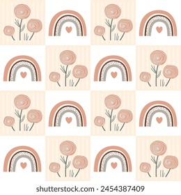 Seamless pattern with cartoon doodle rainbows and flowers on checkerboard background. Colorful nursery baby design for fabric, print, wallpapers. Vector illustration