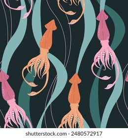 Seamless pattern with cartoon doodle squid. Background with sea life in flat style. Suitable for decoration, design, stickers