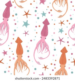 Seamless pattern with cartoon doodle squid. Background with sea life in flat style. Suitable for decoration, design, stickers