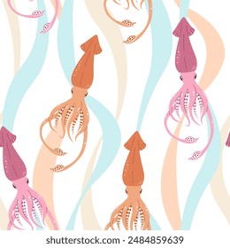 Seamless pattern with cartoon doodle squid. Background with sea life in flat style. Suitable for decoration, design, stickers