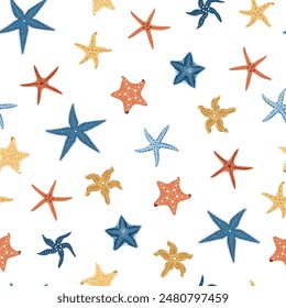 Seamless pattern with cartoon doodle starfish. Background with shellfish in flat style. Suitable for decoration, design, stickers