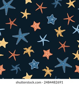 Nahtloses Muster mit Cartoon-Doodle-Seestern. Hintergrund mit Schalentieren im flachen Stil. Geeignet für Dekoration, Design, Aufkleber