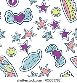 Seamless pattern with cartoon doodle sticker in comics style with contour. Back to school young trendy style