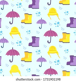 Seamless pattern in cartoon doodle style with umbrellas, rainy hat, drops, yellow and pink rain boots