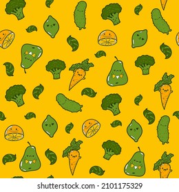 Seamless pattern with cartoon doodle style fruits and vegetables. Funny characters. Colorful cute broccoli, carrot, pear, cucumber, orange.
