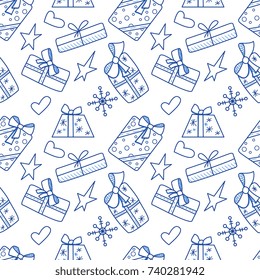 Seamless pattern in cartoon doodle style with gift. Christmas seamless background, wrapper, textile, fabric.