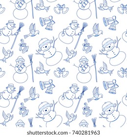 Seamless pattern in cartoon doodle style with snowman, , bell and bird. Christmas seamless background, wrapper, textile, fabric.