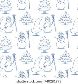 Seamless pattern in cartoon doodle style with snowman and spruce. Christmas seamless background, wrapper, textile, fabric.