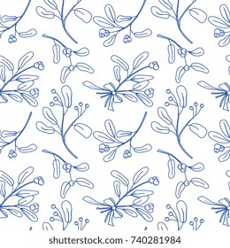 Seamless pattern in cartoon doodle style with mistletoe. Christmas seamless background, wrapper, textile, fabric.