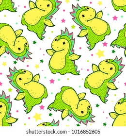 Seamless pattern with cartoon dragon.  Hand-drawn illustration. Vector.