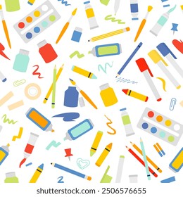 Seamless pattern with cartoon drawing art supplies and painting tools in flat style. School background isolated on white. Colored pencils, markers. Watercolor paint, brushes. Drawings for children. 