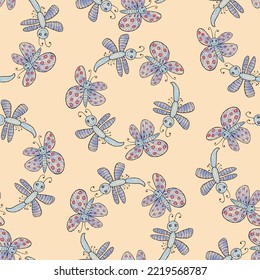 Seamless pattern of cartoon drawn butterflies and dragonflies