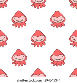 Seamless pattern with cartoon drawn fictional monster coral color with a smile on a white background