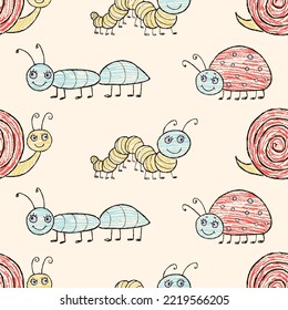 Seamless pattern of cartoon drawn insects