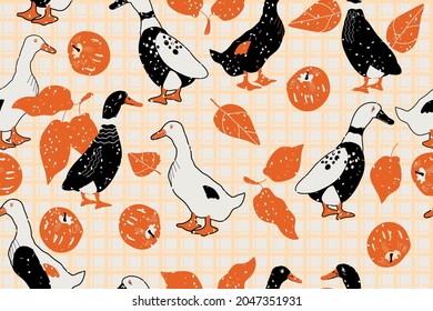 seamless pattern with cartoon duck and apples, checkered background. vectro design for paper, fabric and other surfaces 