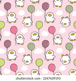 Seamless Pattern with Cartoon Duck and Balloon Design on Pink Background