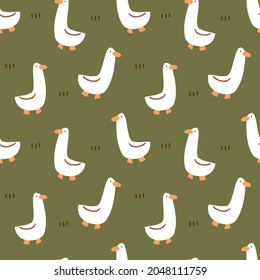 Seamless Pattern of Cartoon Duck Design on Dark Green Background