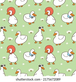 Seamless Pattern with Cartoon Duck Design on Light Green Background with Flowers