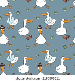 Seamless Pattern with Cartoon Duck Design on Deep Blue Background