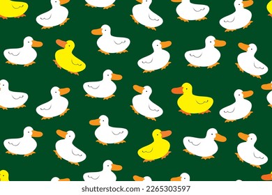 Seamless Pattern with Cartoon Duck Design on Dark Green Background