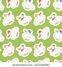 Seamless Pattern with Cartoon Duck Design on Green Background