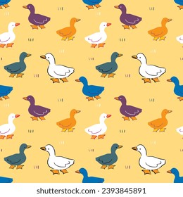 Seamless Pattern of Cartoon Duck Design on Yellow Background