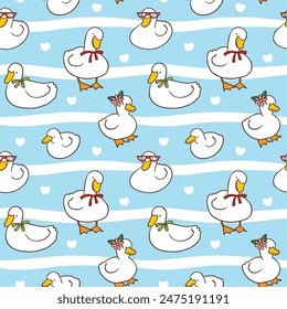 Seamless Pattern of Cartoon Duck Design on Blue Background with White Hearts and Wavy Lines