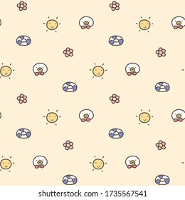 Seamless Pattern of Cartoon Duck Face, Flower, Life Buoy and Sun on Light Yellow Background