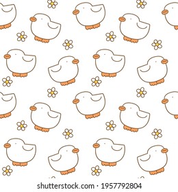 Seamless Pattern with Cartoon Duck and Flower Design on White Background