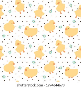 Seamless Pattern of Cartoon Duck, Flower and Black Dot Design on White Background