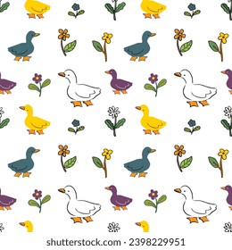 Seamless Pattern of Cartoon Duck and Flower Design on White Background