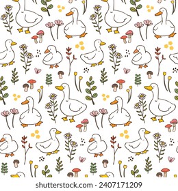Patrón sin soldadura con pato de caricatura, flor y diseño de hojas en fondo blanco