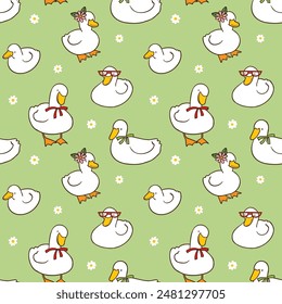 Seamless Pattern with Cartoon Duck and Flower Design on Green Background