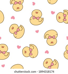 Seamless Pattern with Cartoon Duck and Heart Illustration Design on White Background