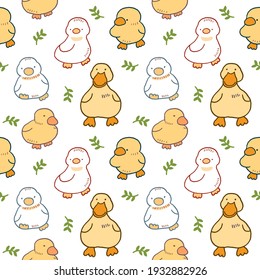 Seamless Pattern with Cartoon Duck Illustration Design on White Background