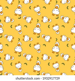 Seamless Pattern with Cartoon Duck Illustration Design on Yellow Background