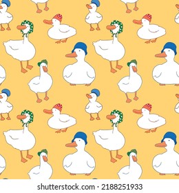 Seamless Pattern with Cartoon Duck Illustration Design on Yellow Background