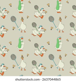 Seamless pattern with Cartoon Duck Playing Badminton with Racket and Shuttlecock
