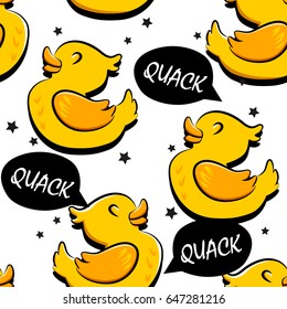 Seamless pattern with cartoon duck and stars. Ornament for children's textiles and wrapping. Comics style. Vector background.
