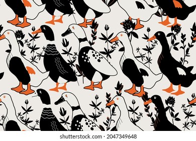 seamless pattern with cartoon ducks and herbs, vector design for paper, fabric and other surfaces