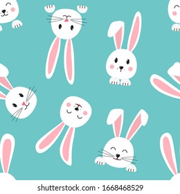 Seamless pattern with cartoon Easter bunnies, face of rabbits on turquoise background. Vector illustration