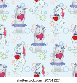 Seamless pattern, cartoon Easter Bunnies boys and girls with Valentine hearts on abstract background. Vector