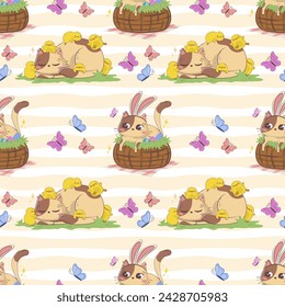 Seamless pattern with cartoon Easter cat with bunny ears and chickens isolated on pastel background. Spring funny character