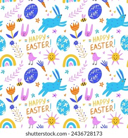 Seamless pattern with cartoon Easter elements on white background. Modern flat cute background. Vector illustration
