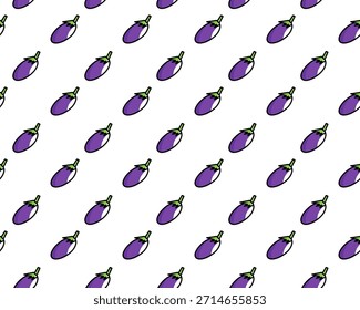 Seamless pattern of cartoon eggplants arranged diagonally on a white background. Bright, playful vegetable design ideal for textiles, wallpapers, packaging, stationery, and modern food themed graphics