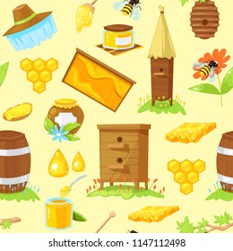 Seamless pattern of cartoon elements of beekeeping on white background.