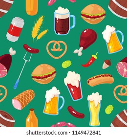 Seamless pattern with cartoon elements of beer festival on green background