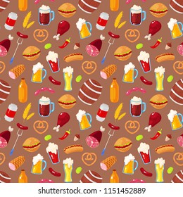 Seamless pattern with cartoon elements of beer festival on brown background