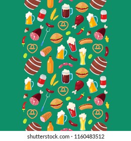 Seamless pattern with cartoon elements of beer festival on green background